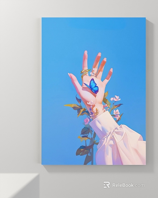 Portrait Painting of a Hand with Blue Butterfly Vines and Pink Flowers on Blue Background 3d model 
