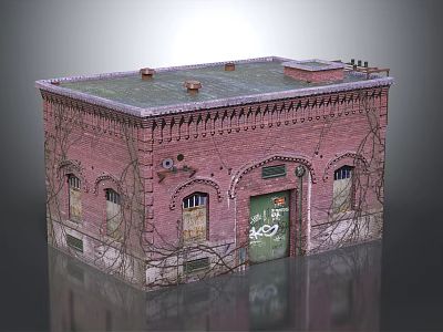 Detailed Red Brick Building Model Covered With Vines Green Roof And Graffiti Door 3d model