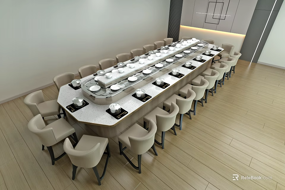 Hotpot Restaurant With Long Curved Dining Table White Bowls Plates Light Colored Chairs Wooden Flooring 3d model 