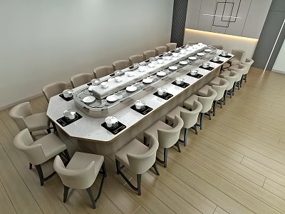 Hotpot Restaurant With Long Curved Dining Table White Bowls Plates Light Colored Chairs Wooden Flooring 3d model