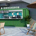 Green Container Building Outdoor Coffee Bar With Counter Plants And Lounge Chairs