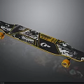 Stylish Black And Yellow Skateboard Design With Abstract Graphics And Orange Wheels