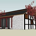 Traditional Chinese Detached Villa With Red Leaf Tree Black Roof And White Walls