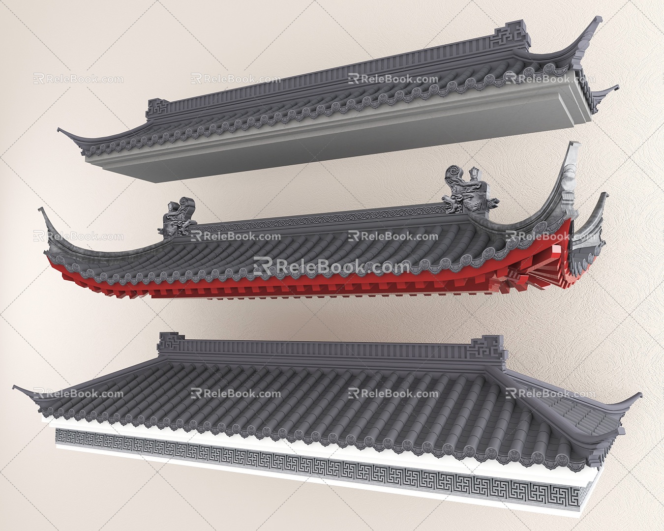 Eaves Ridge Eaves Roof Green Tile Chinese Roof Roof Antique Architectural Fence 3d model