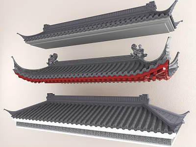 Ancient Architecture Traditional Roofs With Gray Tiles Red Eaves And Decorative Sculptures 3d model