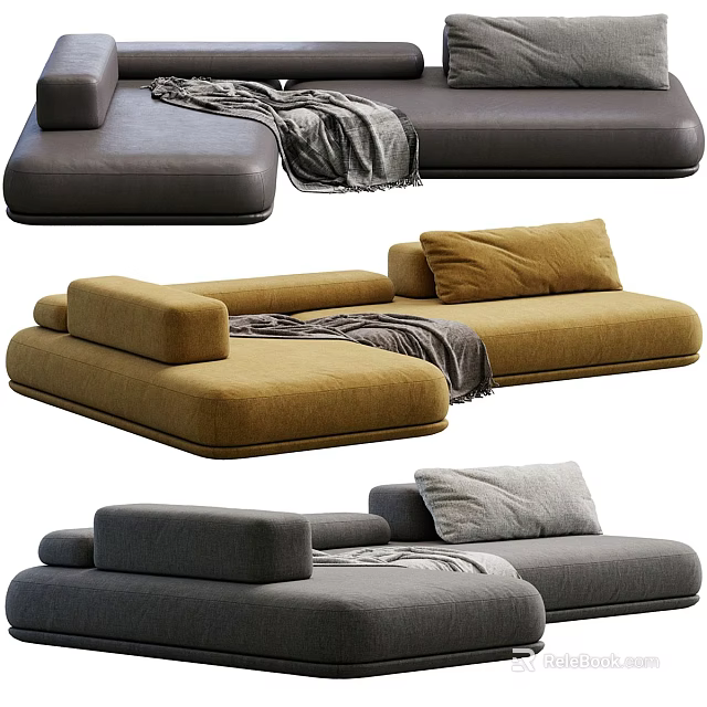 Modern Sectional Sofa In Gray And Brown With Soft Pillows And Throw Blanket 3d model 