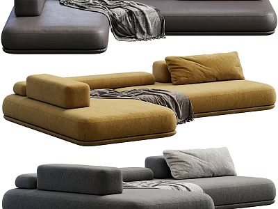 Modern Sectional Sofa In Gray And Brown With Soft Pillows And Throw Blanket 3d model