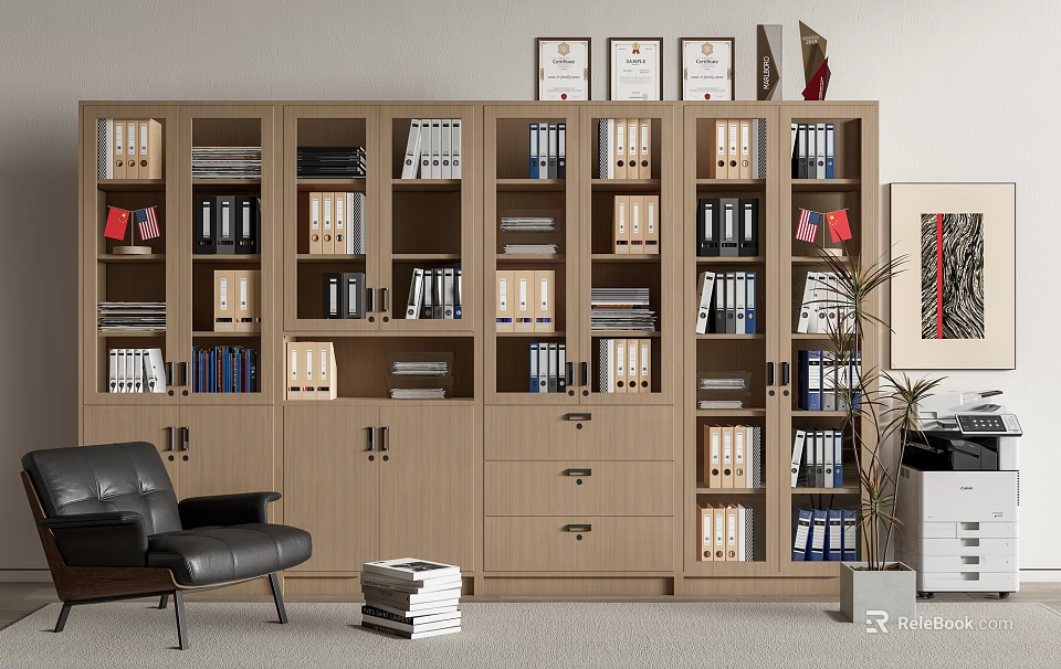 Modern Wooden Bookcase With Multiple Compartments Books And File Folders In Home Office 3d model 