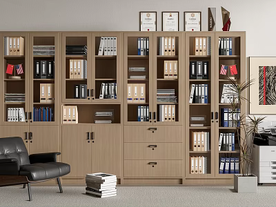 Modern Wooden Bookcase With Multiple Compartments Books And File Folders In Home Office 3d model
