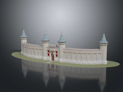Cartoon Castle Scene With Multiple Towers Stone Walls Flags Green Grass And Reflection 3d model