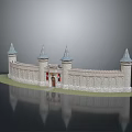Cartoon Castle Scene With Multiple Towers Stone Walls Flags Green Grass And Reflection