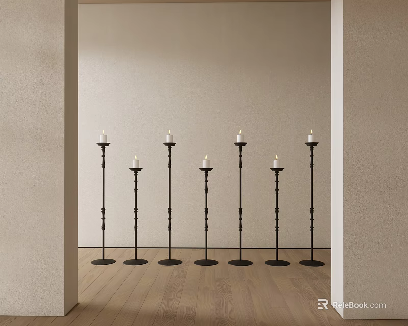 Six Black Candle Lamps Arranged Along Wall With Wooden Floor And Light Colored Walls 3d model 