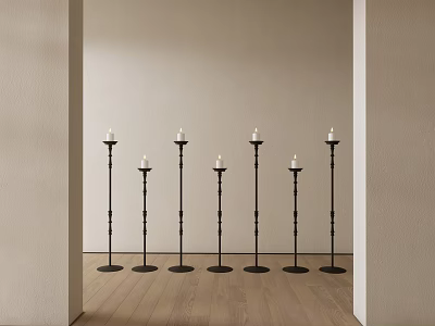 Six Black Candle Lamps Arranged Along Wall With Wooden Floor And Light Colored Walls 3d model