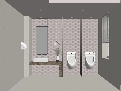 Hotel Bathroom Interior With Hexagonal Tile Walls Pendant Light Mirror Sink Urinals And Window 3d model