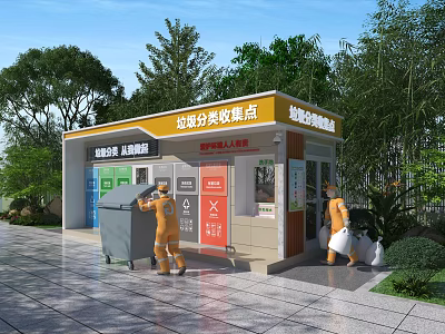 Modern Outdoor Garbage Sorting Collection Station With Sanitation Workers Carrying Out Daily Waste Processing 3d model