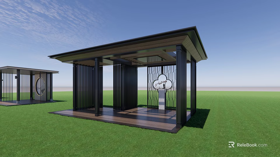 Modern Pavilion With Black Pillars Wooden Platform And Cloud Pattern On Green Grass 3d model 