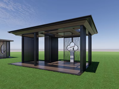 Modern Pavilion With Black Pillars Wooden Platform And Cloud Pattern On Green Grass 3d model