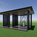 Modern Pavilion With Black Pillars Wooden Platform And Cloud Pattern On Green Grass 3d model