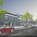 Bustling Commercial Street With Modern Storefronts Pedestrians Parked Cars Trees And Street Lamps