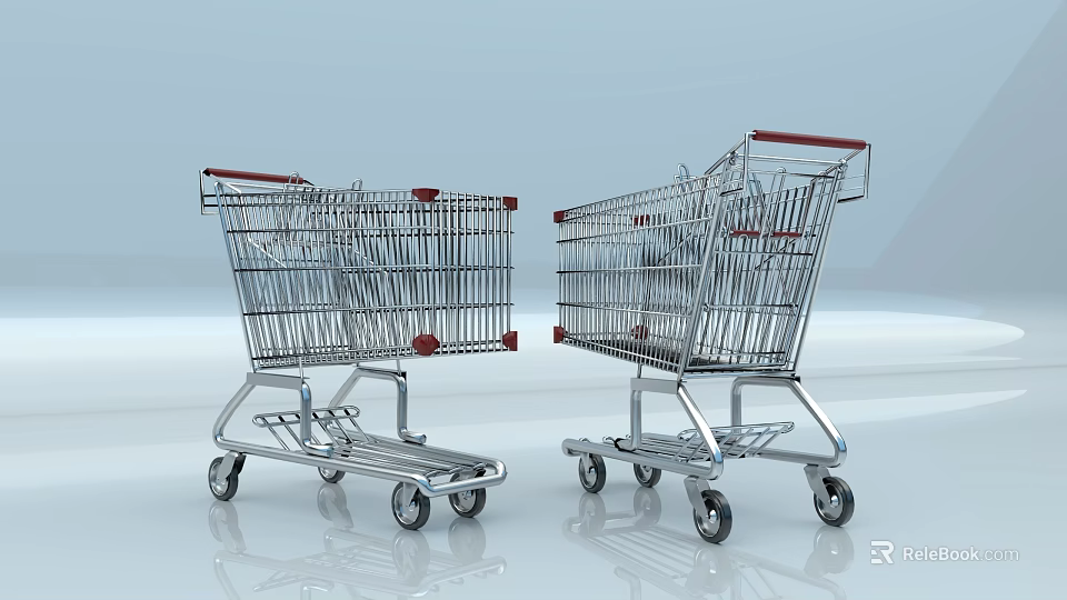 Two Metallic Shopping Carts With Wheels And Frame Display Indoor Scene 3d model 