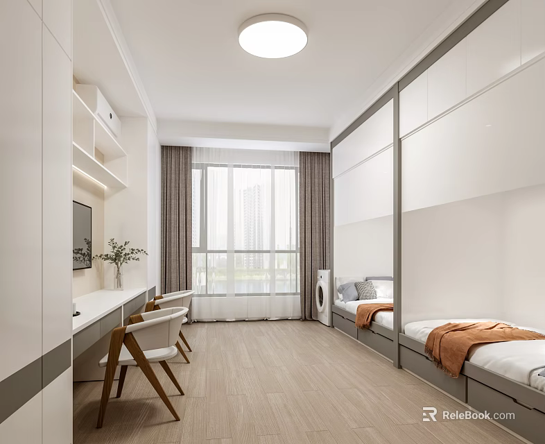 School Dormitory Interior With Beds Desks Chairs And Bright Window Design 3d model 