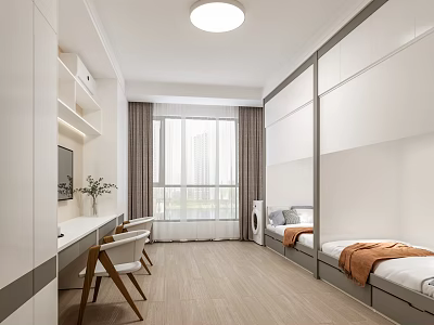 School Dormitory Interior With Beds Desks Chairs And Bright Window Design 3d model