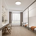 School Dormitory Interior With Beds Desks Chairs And Bright Window Design