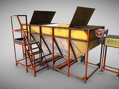 Industrial Yellow Multi Tank Equipment with Metal Frame Wheels Ladder and Red Wheel Control Unit 3d model
