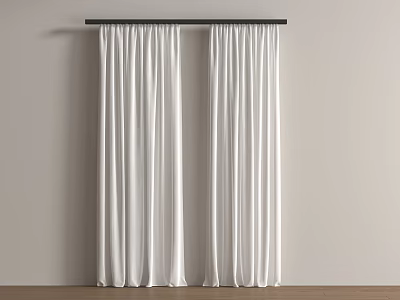 White Curtains Hanging On Black Rod Against Light Gray Wall And Wooden Floor 3d model