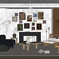 Modern Living Room Interior With Photo Wall Fireplace Chandelier Sofa And Armchair