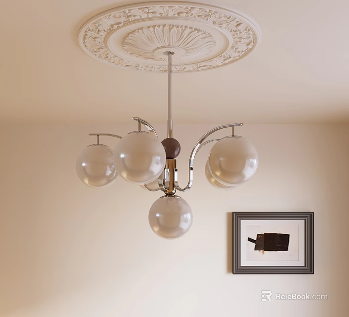 Modern Glass Globe Chandelier with Metal Frame and Ceiling Medallion in Interior with Wall Art 3d model 