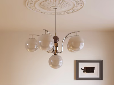 Modern Glass Globe Chandelier with Metal Frame and Ceiling Medallion in Interior with Wall Art 3d model