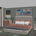 Double Bed with Beige Headboard Green Wood Wall Two Paintings White Pillows and Gray Bedspread