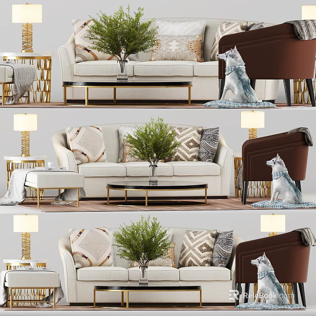 Modern Sofa Coffee Table Set With Decorative Pillows And Green Plant In Living Room 3d model 