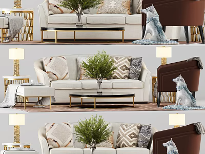 Modern Sofa Coffee Table Set With Decorative Pillows And Green Plant In Living Room 3d model