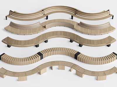Wooden Landscape Seats Featuring Curved And Wavy Designs For Outdoor Garden And Park Settings 3d model