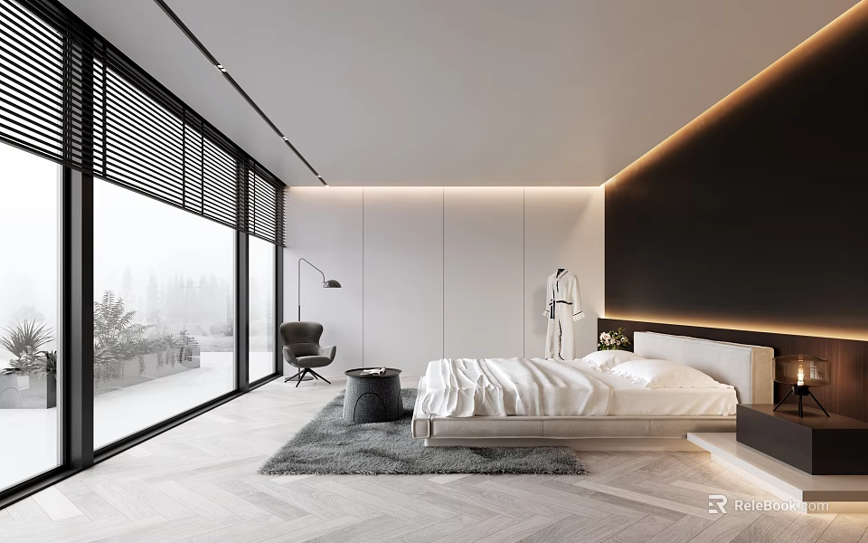 Modern Bedroom Interior With Large Windows Foggy View White Bed Linens And Herringbone Flooring 3d model 