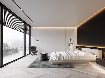 Modern Bedroom Interior With Large Windows Foggy View White Bed Linens And Herringbone Flooring 3d model