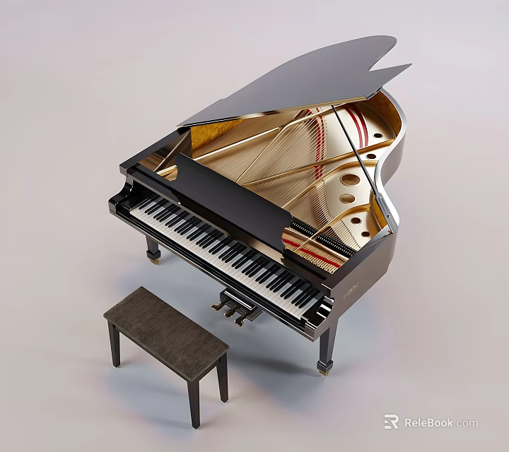 Stylish Black Grand Piano Musical Instrument with Wooden Bench and Shiny Keys 3d model 