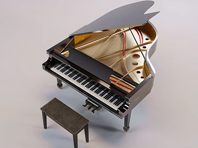 Stylish Black Grand Piano Musical Instrument with Wooden Bench and Shiny Keys 3d model
