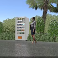 Modern Commercial Outdoor Vending Machine With Woman Standing Beside Surrounding Greenery