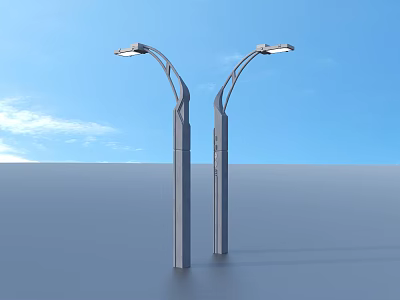 Two Modern Outdoor Light Poles With Curved Arm Design Against Blue Sky 3d model