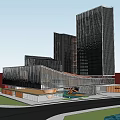 Contemporary Office Complex With Glass Curtain Walls And Urban Street Pedestrians At Dusk