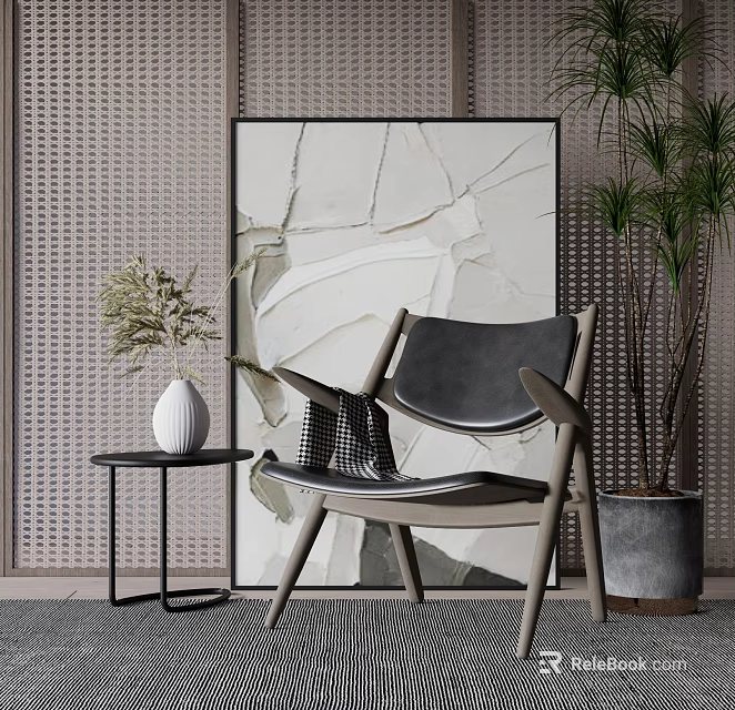 Modern Accent Chair With Leather Seat Wooden Frame And Side Table Near Potted Plant 3d model 