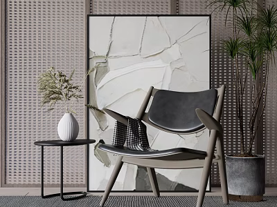 Modern Accent Chair With Leather Seat Wooden Frame And Side Table Near Potted Plant 3d model