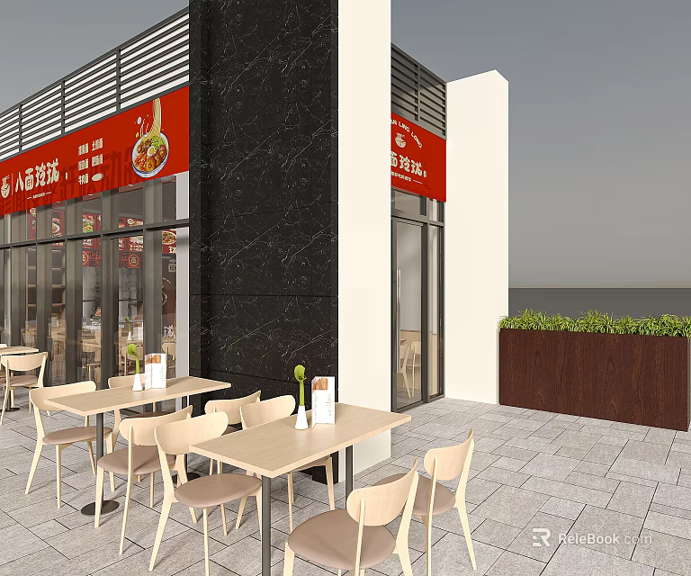 Modern Restaurant Exterior With Red Sign Black Wall White Columns Outdoor Tables And Green Plants 3d model 