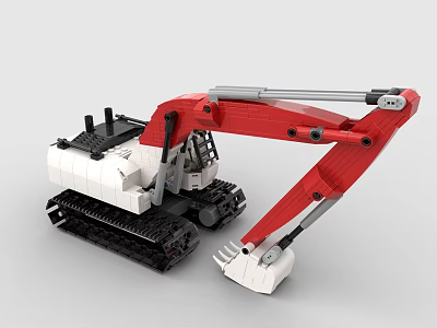 Red and White Building Blocks Excavator Model With Tracks Mechanical Arm and Bucket Design 3d model