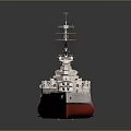 Realistic Warship Model With Red Bottom White Hull Blue Deck Masts Guns And Reflective Surface