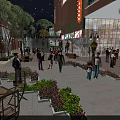 Vibrant Commercial Street With Pedestrians Shops Greenery Outdoor Seating And Evening Lights