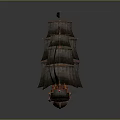 Detailed Vintage Model Sailing Ship With Black Sails And Red Gold Hull